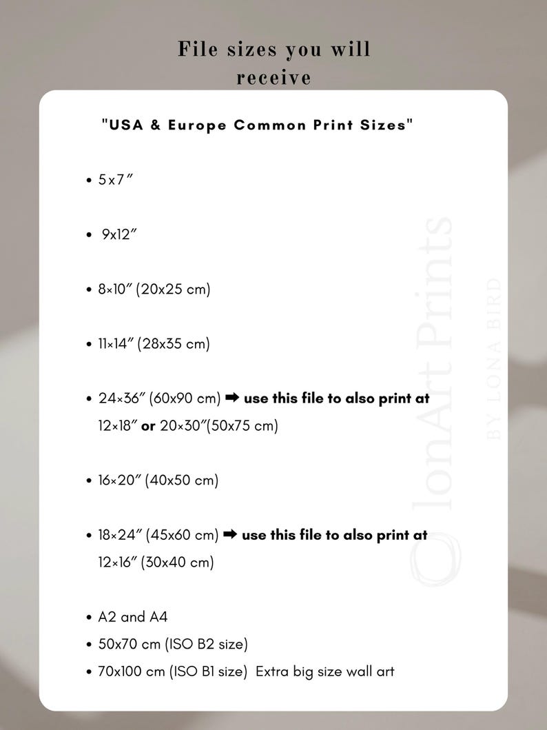 Puede incluir: Una tarjeta informativa blanca con texto negro titulada File sizes you will receive y USA & Europe Common Print Sizes. Enumera varias dimensiones en pulgadas y cent&iacute;metros, incluyendo 5x7, 9x12, 8x10, 11x14, 24x36, 16x20, 18x24, A2, A4, 50x70 cm y 70x100 cm.