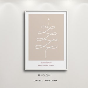 Felices fiestas, árbol de Navidad abstracto moderno, arte de pared de invierno, IMPRIMIBLE, decoración navideña beige, minimalista, estado de ánimo estacional, idea de regalo única