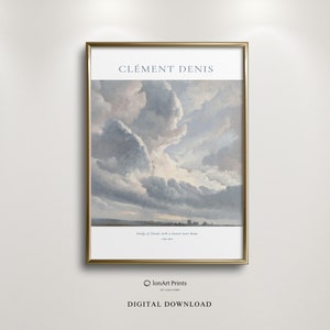 May include: A digital download of a painting by Clément Denis titled "Study of Clouds with a Sunset near Rome" depicting a landscape with a cloudy sky and a distant town.