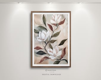 Rustikaler Charme, Magnolie botanische Wandkunst, neutrale Blumen digitaler Download, Bauernhaus, Boho, rustikale Wohnkultur, Blumenwandkunst
