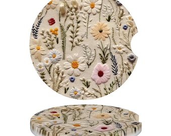 Faux Embroidery Flowers Car Coasters, Cottagecore Aesthetic Pattern Car Cup Holders, Car Accessories, Cute Car Decor, Gen Z Gift