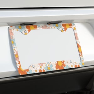 Hippie Flowers License Plate Frame, Cute Car Decor, Vehicle Accessories for Women, Retro Car Bumper