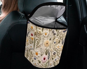 Floral Wildflowers Faux Embroidery Car Trash Bag, Reusbale Rubbish Bag For Car, Car Accessories, Cute Car Decor, Gift for Her