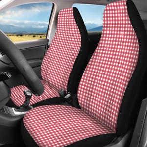 Red Gingham Car Seat Covers, Plaid Checker Car Accessories for Women, Farmhouse Shabby Chic Cute Car Decor