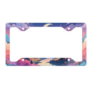 Anime Fantasy Landscape License Plate Frame, Pastel Clouds Cute Car Decor, Moon Kawaii Car Accessories for Women, Exterior Car Accessories