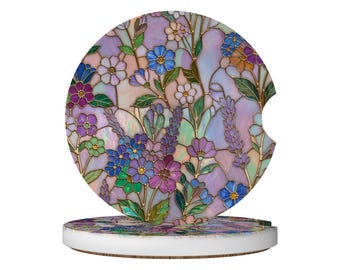 セラミック製パープルワイルドフラワープリントカーコースター、ステンドグラス風フローラルカーカップホルダー、フローラルインテリアカーアクセサリー、カーデコレーション