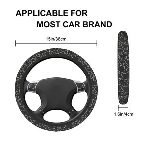 May include: Black steering wheel cover featuring a white cat design. The cover measures 38cm in diameter and is 4cm thick. The text "APPLICABLE FOR MOST CAR BRAND" is printed at the top.