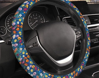 モネの絵画 ワイルドフラワー カーステアリングホイールカバー 花柄コテージコア ナチュラルインテリアカーアクセサリー かわいい車の装飾 お母さんへのギフト