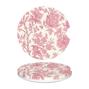 Pink Peony Chinoiserie Floral Car Coasters, Wildflower Cottage Shabby Chic Car Cup Holders, Interior Car Accessories, Car Decor Gift