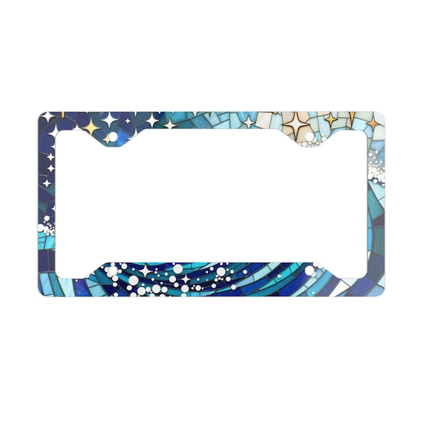 Blue Ocean Wave Mosaic License Plate Frame, Stained Glass Celestial Exterior Vehicle Accessories, Witchy Car Tag Cover Holder