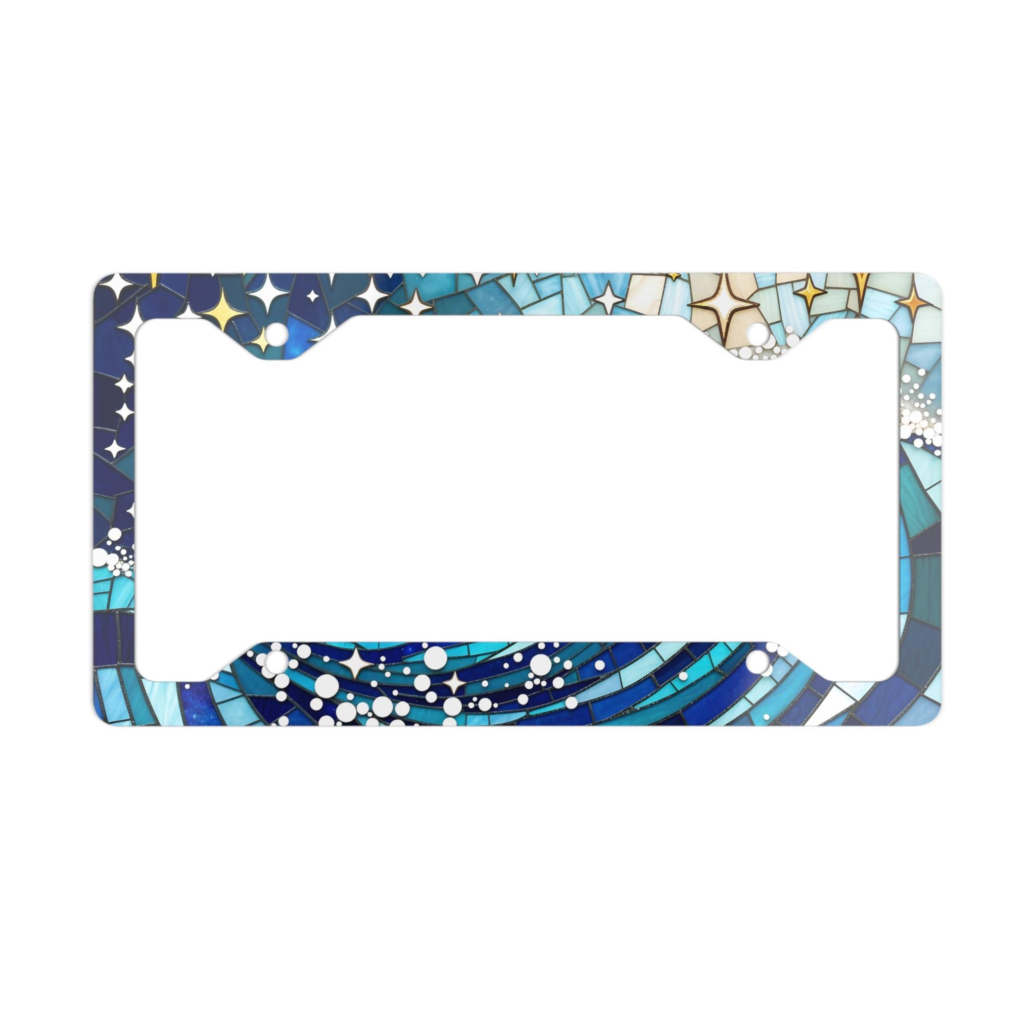 Blue Ocean Wave Mosaic License Plate Frame, Stained Glass Celestial Exterior Vehicle Accessories, Witchy Car Tag Cover Holder