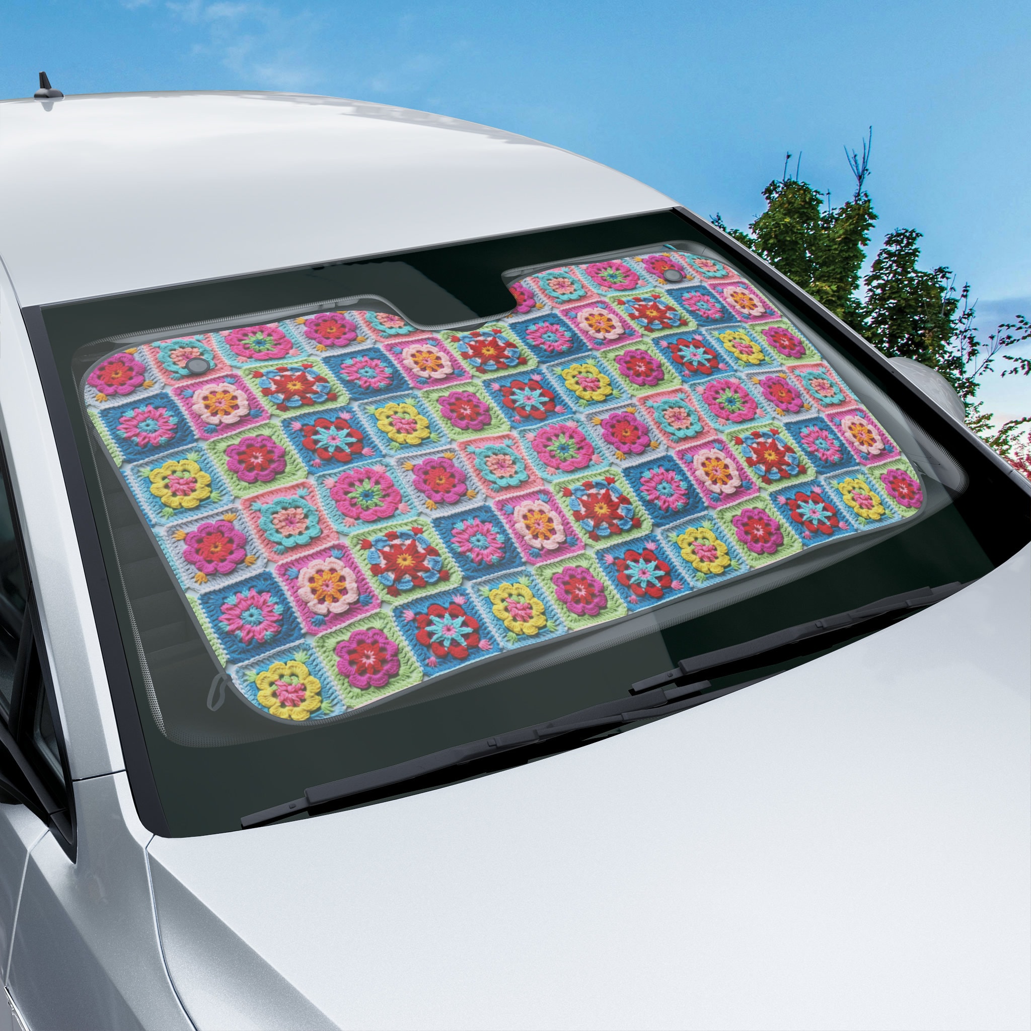 Faux Colorful Crochet Car Sun Shades, Faux Embroidery Car