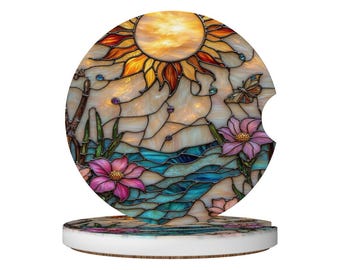 Sous-verres de voiture imprimés vitrail soleil bohème, porte-gobelets de voiture en céramique, oeuvre d'art en mosaïque de fleurs sauvages, accessoires d'intérieur de voiture, cadeau déco de voiture