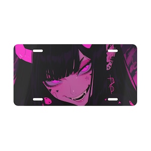 May include: A digital illustration of a woman with black hair and pink eyes. She has a pink devil horn and a pink star on her cheek. She is wearing a black choker and has a pink and black background.