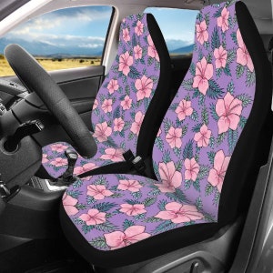 Purple Floral Car Seat Covers, Hawaiian Tropical Nature Car Accessories for Women, Cute Car Decor