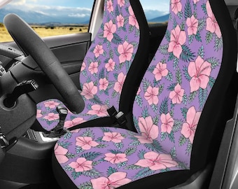 Fundas de asiento de coche con motivos florales morados, accesorios de coche con motivos tropicales hawaianos para mujer, bonita decoración para el coche