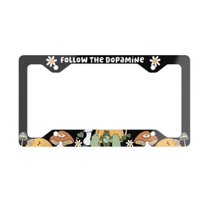 Follow the Dopamine Funny Car License Plate Frame, Gen Z Gift, Black Hippie Cottagecore Frog Car Accessories for Women, Mushroom Car Decor