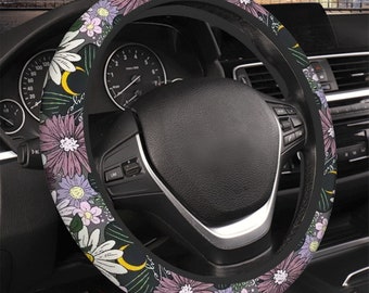 Purple Wildflower Moon Car Steering Wheel Covers, Nature Car Accessories, Cute Car Decor, Gen Z Gift