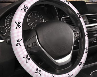 Roze geruite coquette pastel autostuurhoezen, mooi interieur auto-accessoires, shabby chic strik huisje schattig autodecor, nieuwe auto cadeau