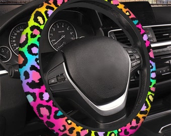 Regenboog luipaard autostuurhoezen, hippie dierenprint cheetah auto-accessoires, leuk autodecor, Gen Z cadeau
