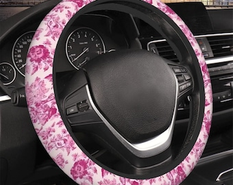 Hot Pink Toile Wildflower Car Steering Wheel Covers, Floral Cottagecore Interior Car Accessories, Chinoiserie Cute Car Decor, Gift for Mom