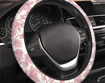 Pink Peony Toile Wildflower Car Steering Wheel Covers, Floral Cottagecore Interior Car Accessories, Chinoiserie Cute Car Decor, Gift for Mom