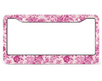 Hot Pink Toile License Plate Frame, Chic Floral Vehicle Accessory for Exterior Car, New Car Gift For Her, Chinoiserie Tag Cover