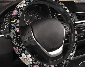 Moon Wildflower Car Steering Wheel Covers, Floral Witchy Cottagecore Nature Car Accessories, Mystical Cute Car Decor