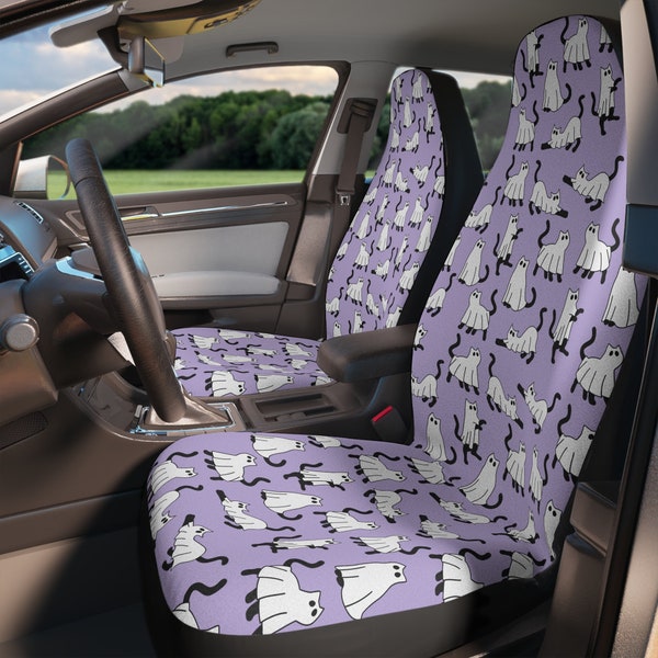 Purple Ghost Cat Car Seat Covers for Front Seats - 2 Pack, Spooky Car Accessories for Women, Cute Car Decor Gift