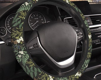 Green Wildflower Car Steering Wheel Cover, Cottagecore Nature Car Accessories, Leafy Cute Car Decor