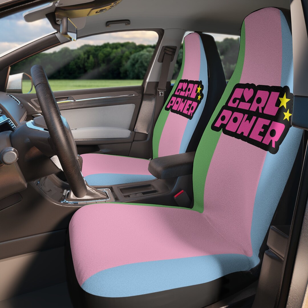 Girl Power Car Seat Covers for Front Seats 2 Pack, Pink Puff Retro Car