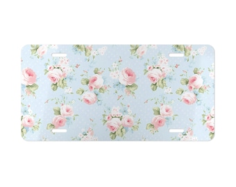 Pink Rose Front License Plate, Blue Blank Licence Tag, Shabby Chic Vanity Plate, Cute Car Decor, Exterior Vehicle Accessories Gift for Her