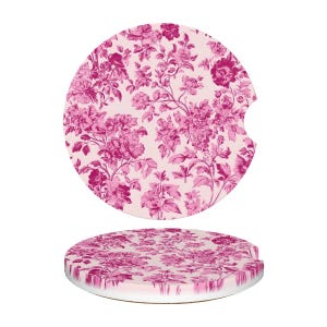 Hot Pink Chinoiserie Floral Car Coasters, Wildflower Cottage Shabby Chic Car Cup Holders, Interior Car Accessories, Car Decor Gift