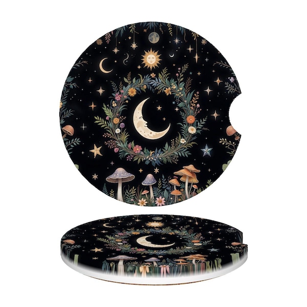 Moon Wildflower Car Coasters, Celestial Car Cup Holders, Car Accessories, Gothic Cute Car Decor, Gen Z Gift