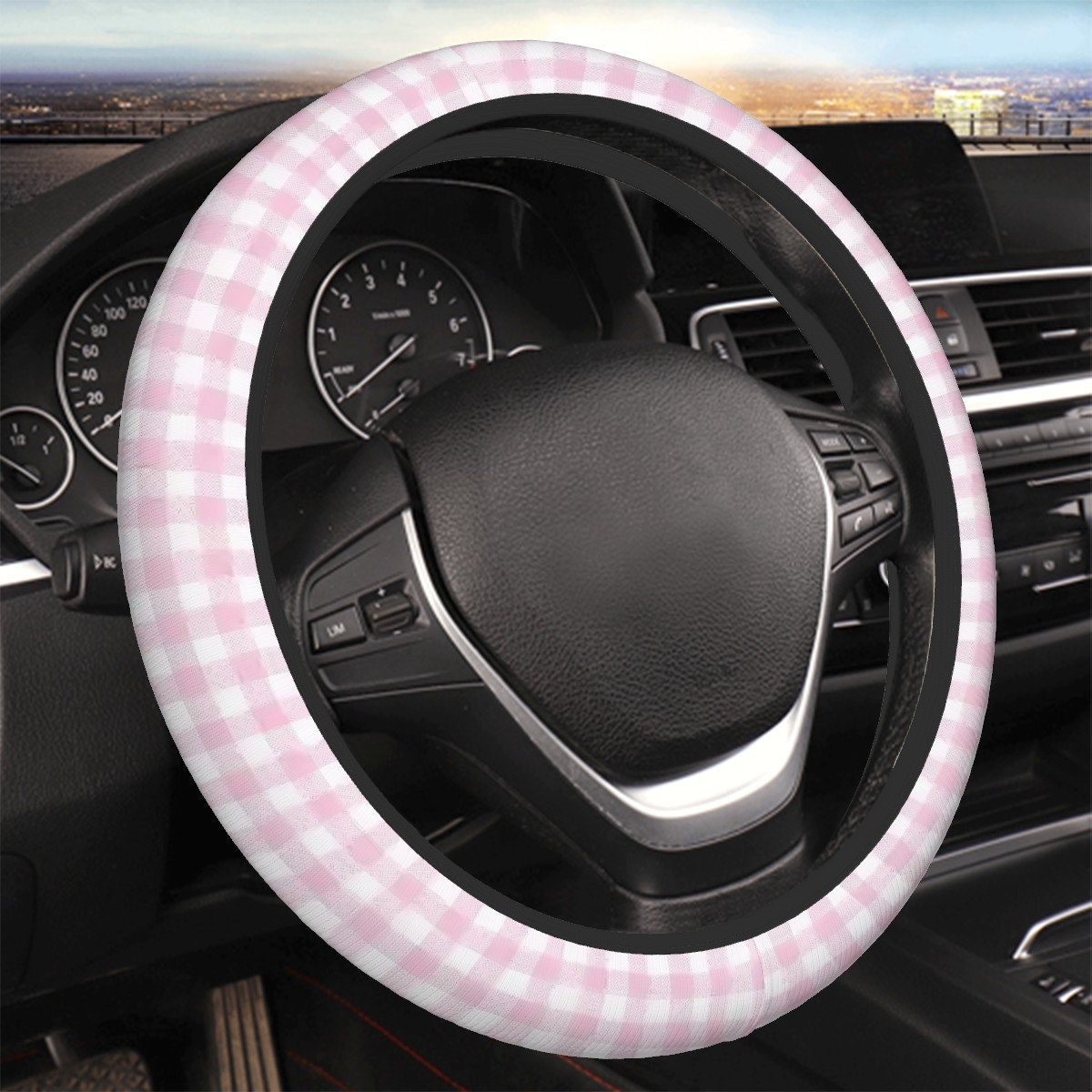 Coprivolante per auto a quadri rosa, graziosi accessori per auto, graziosi decori per auto, regalo per la generazione Z
