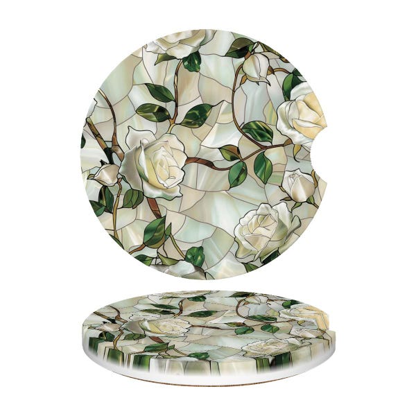 White Rose Pearl Print Car Coasters, Stained Glass Mosaic Pattern Floral Car Cup Holders, Interior Car Accessories, Car Decor Gift
