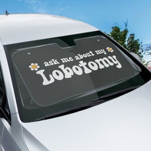 Könnte beinhalten: Auto-Sonnenschutz mit dem Text "ask me about my Lobotomy" in Weiß, mit einer lächelnden Gänseblümchen-Grafik. Der Sonnenschutz ist in der Windschutzscheibe eines silbernen Autos vor blauem Himmel installiert.