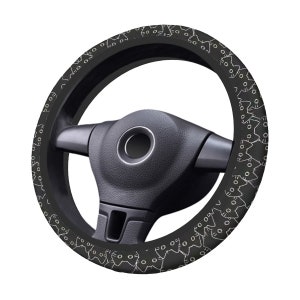 May include: Black steering wheel cover featuring a white cat pattern. The cover is designed to fit a standard steering wheel. The cat design is repeated around the entire cover. The steering wheel is black.