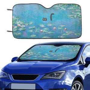 Schwarze Katze Monet Malerei Auto Sonnenschutz, lustiges Jugendstil Cottagecore niedliches Auto-Dekor, Windschutzscheiben-Sonnenschutz, Autozubehör, Sonnenrollo