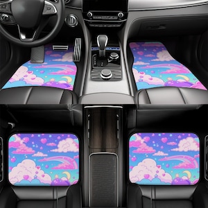 Alfombrillas para coche Kawaii Sky, accesorios para coche con estampado estético de anime, regalo para ella, decoración adorable para coche con nube rosa, arcoíris y corazón.
