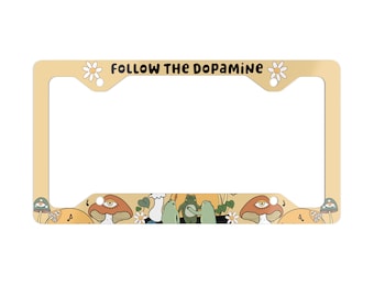 Follow the Dopamine Funny Car License Plate Frame, Gen Z Gift, Hippie Cottagecore Frog Car Accessories for Women, Cute Mushroom Car Decor