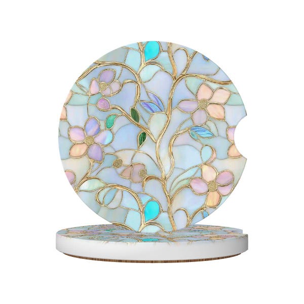 Wildflower Floral Stained Glass Printed Car Coasters, Ceramic Car Cup Holders, Mosaic Artwork Interior Car Accessories, Car Decor Gift