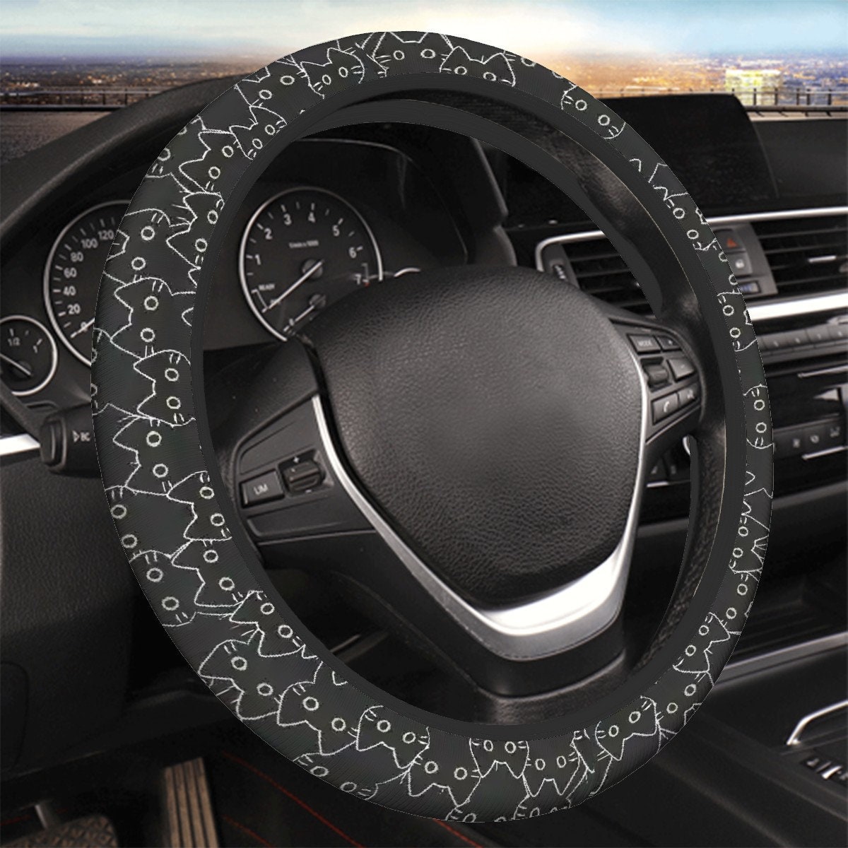 Black Cat Car Steering Wheel Covers, Kawaii Anime Car Accessories