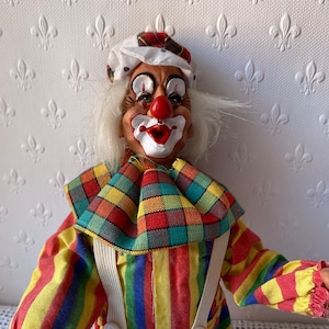 Vintage Clown, Colorful clown doll, Rag doll, Old Doll, Puppet doll, Porcelain face, Porcelain doll, Antique clown, Doll Pierrot Circus Gift
