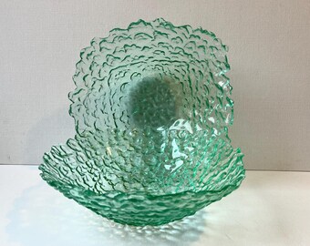 Ciotole in vetro verde testurizzato vintage | Set centrotavola in vetro artistico | Ciotole decorative in stile foglia organica | Arredamento per la casa in stile costiero | Metà secolo