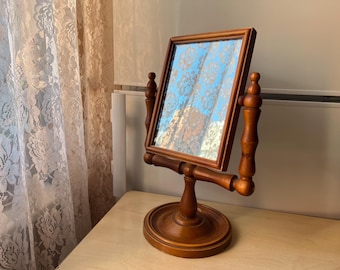 Vintage Double-Sided Rotating Mirror - Elegant Wooden Swivel Vanity Mirror, 70s Rustic Home Decor
