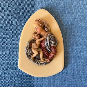 Vintage Religious wax plaque, Catholic art, Wax ornament, Madonna with a child, Wall hanging, Religious art, Wall decor, Hand-painted wax