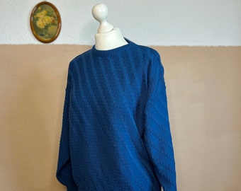 Vintage Pullover Hoodie Blue Knit Sweater Retro Muster Strickpulli