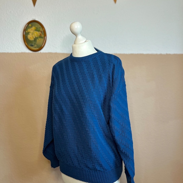 Vintage Pullover Hoodie Blue Knit Sweater Retro Muster Strickpulli