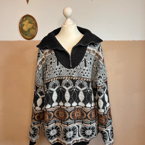 Vintage Zipper Hoodie Crazy Pattern Sweater Muster 80ies Streetstyle Oversize